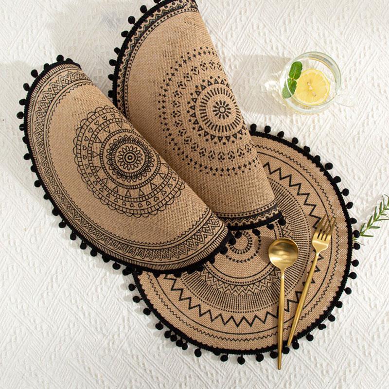 Napperon de Table à manger rond en Jute avec pompon, napperon tissé antidérapant, tapis isolant, dessous de verre pour café, décoration de la maison,