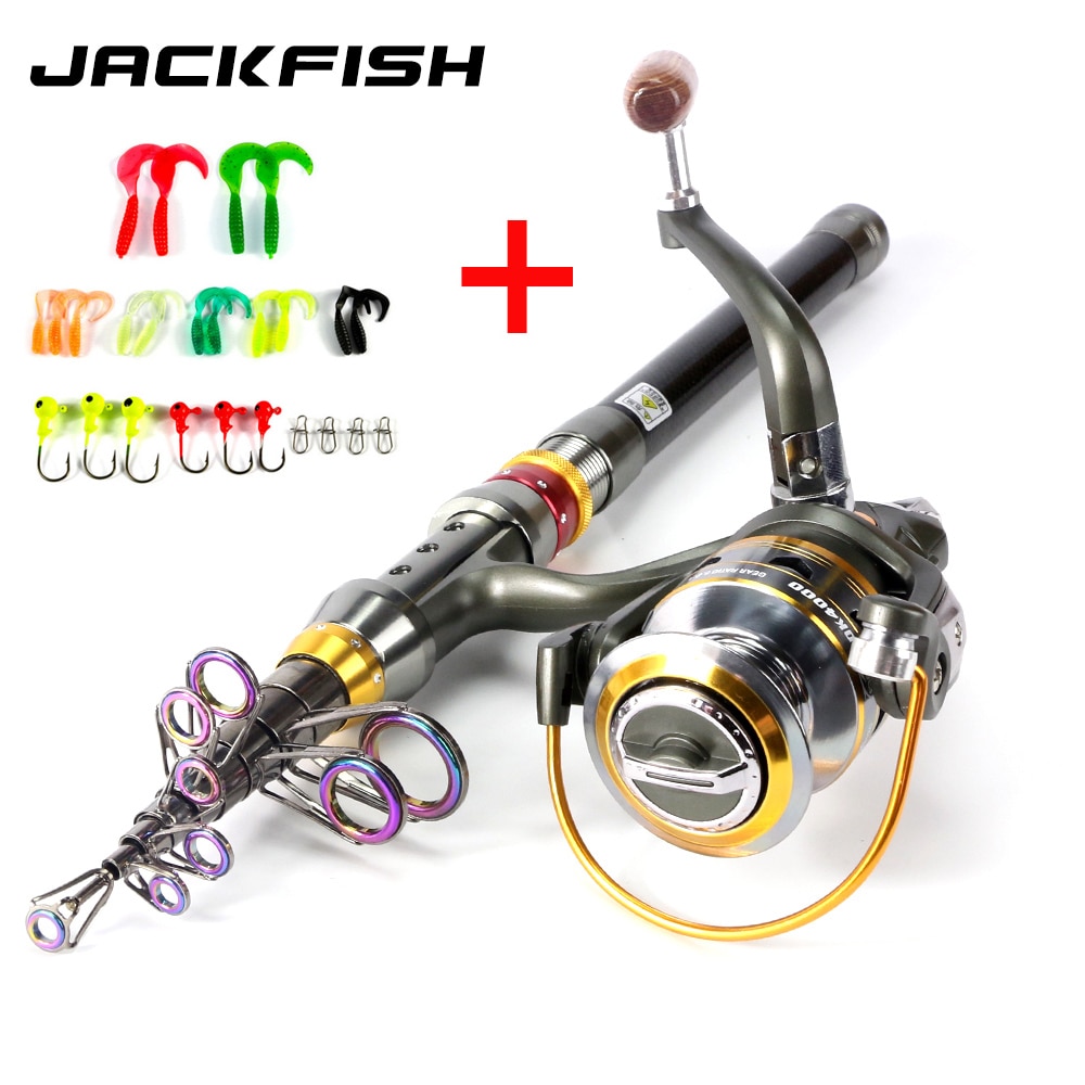 Jackfish komplet sæt teleskopfiskestang + fiskehjul med spinnende fiskehjul havstang kombi 1.8-3.6m stang+hjuls fiskegrej