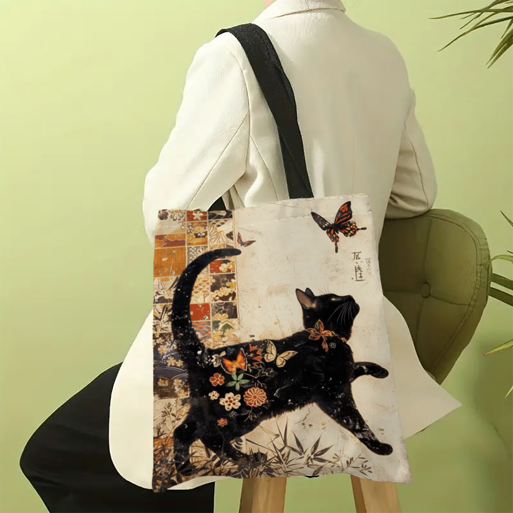 Sac fourre-tout classique chat noir et blanc avec imprimé chat, sac de plage de Shopping à bandoulière réutilisable pour femmes, sac de transport décontracté Durable: Black