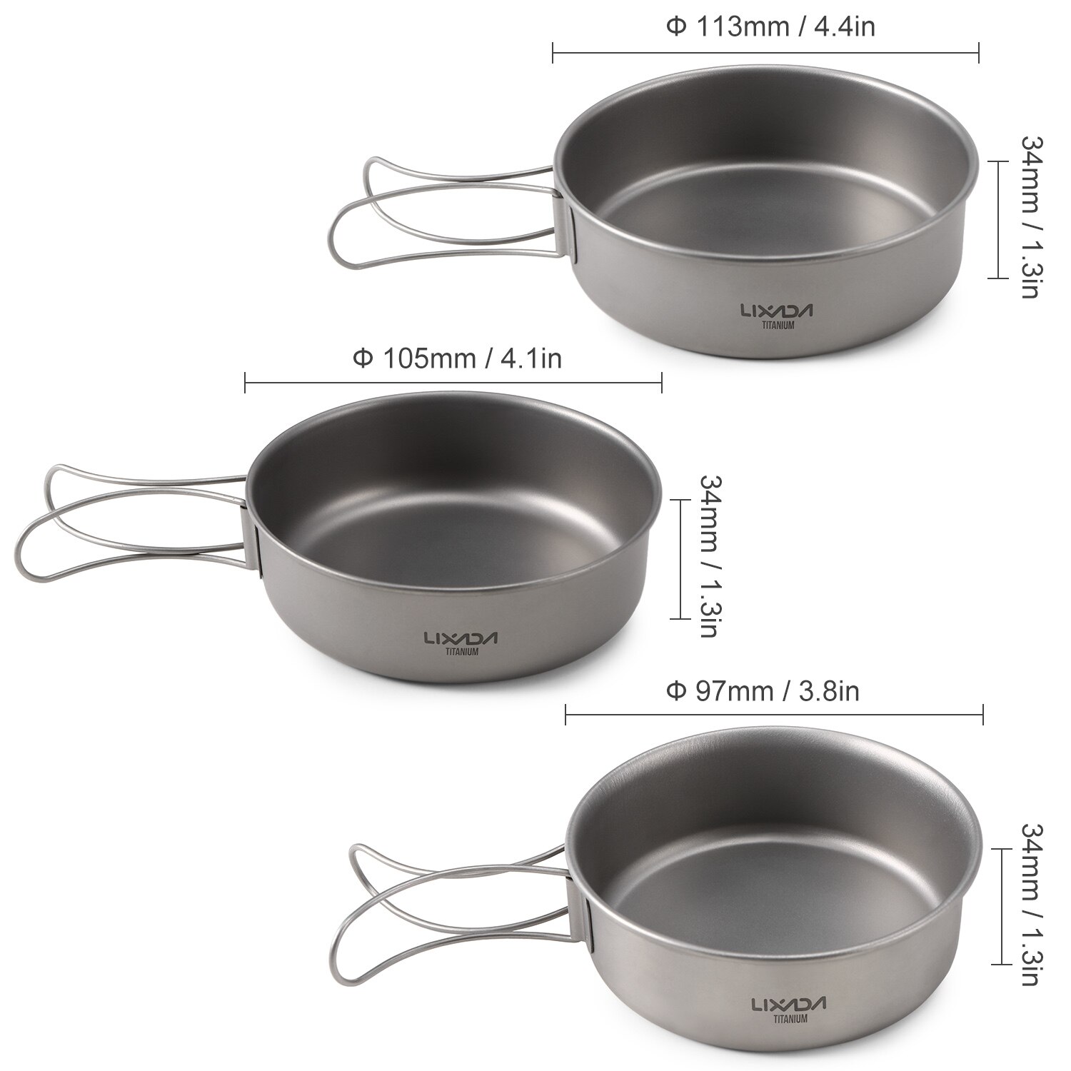 Titanium cookset camping frityrgryta utomhuspott camping köksredskap 1100ml grytor och 350ml stekpannor med fällbara handtag: 3 st