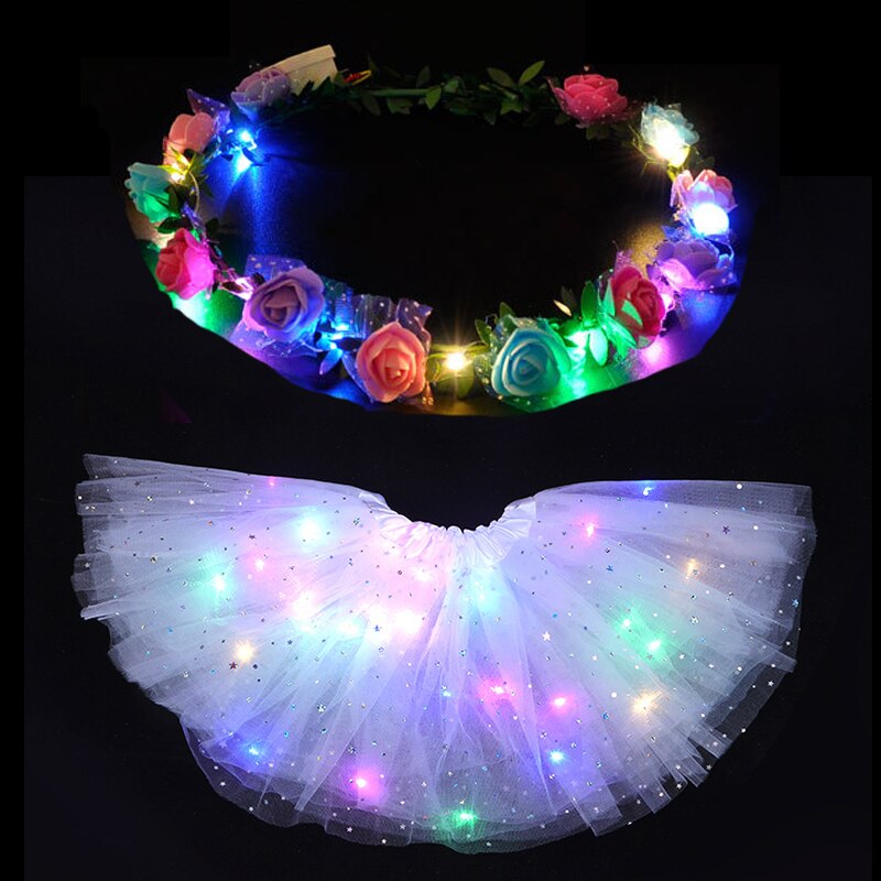 Jupe Tutu lumineuse LED pour femmes et filles, guirlande de fleurs, bandeau, , vêtements de fête néon, Costume de princesse de mariage d&#39;anniversaire: white star skirt B