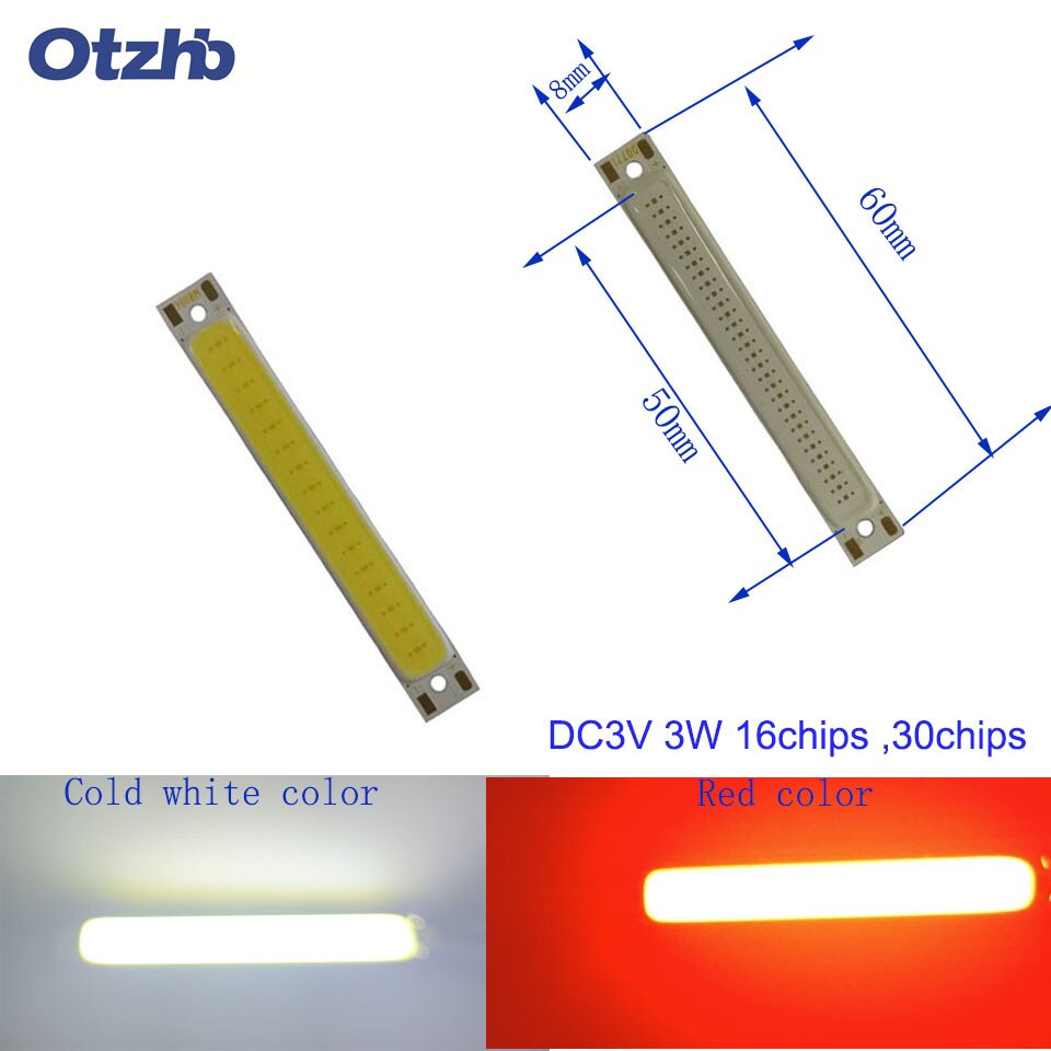 Bombilla LED COB de 20 piezas de 2V /3V, Chip de 3,7 V a bordo de 60MM, Blanco cálido, azul, rojo, 3W, iluminación LED para lámparas de trabajo COB DIY