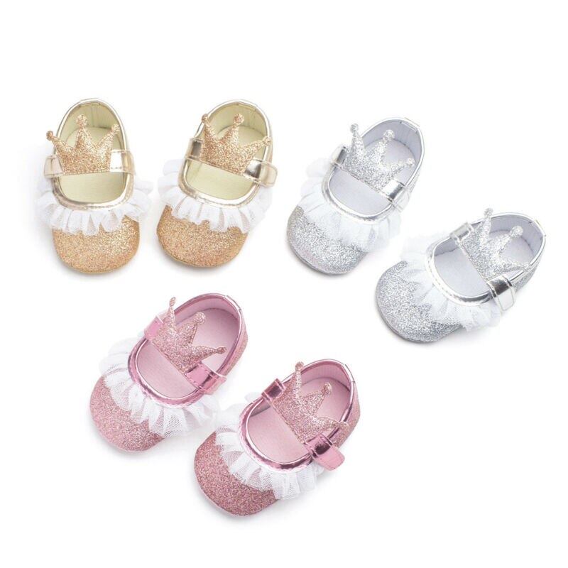 Nyfødte baby pige pailletter glitter krybbe sko + hårbånd bløde sål sko søde sommer prewalker