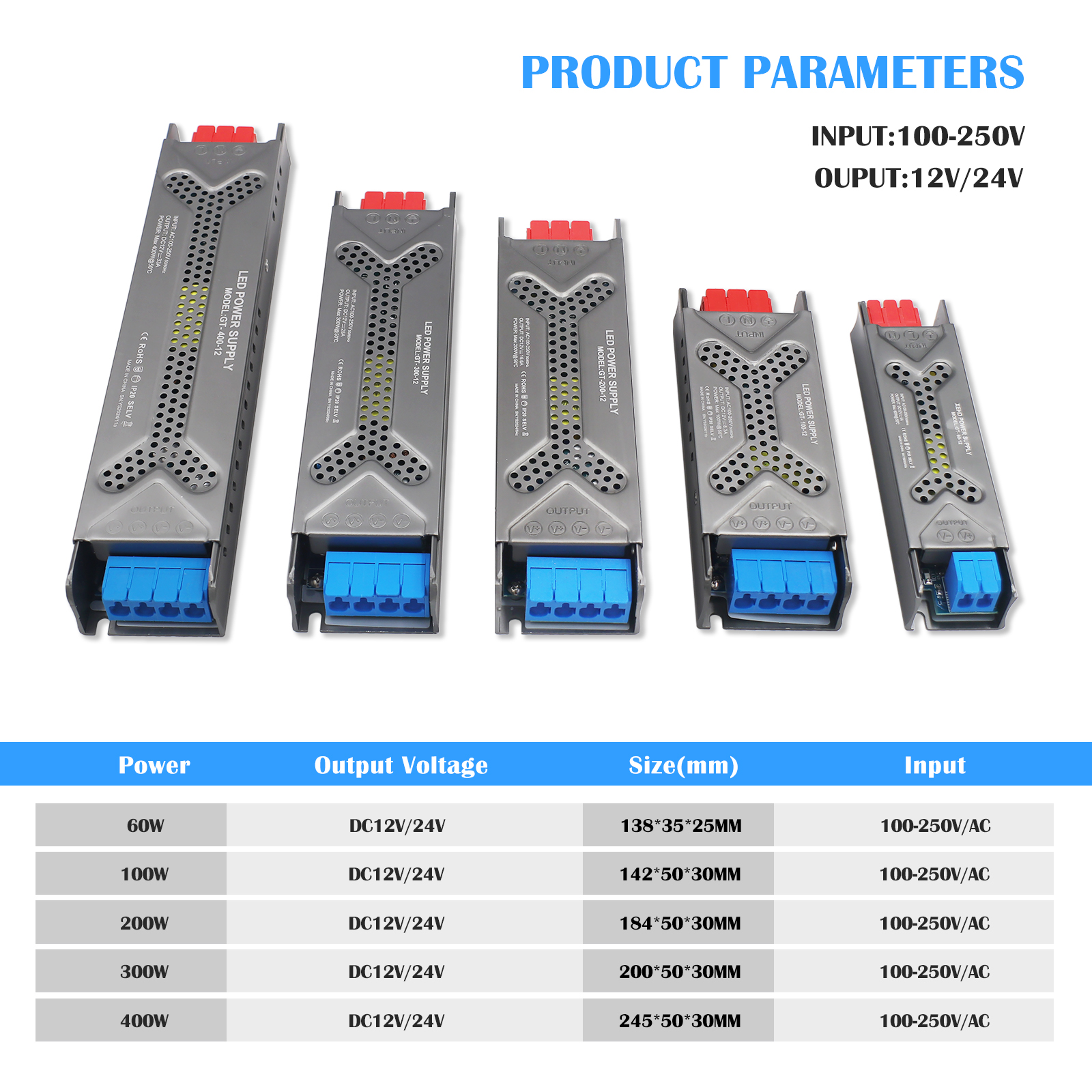 Led-strømforsyning  ac 100-250v til  dc 12v 24v 60w 100w 200w 300w 400w driver til led-strimler