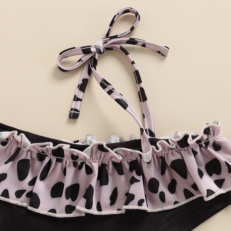 Bañador de 2 piezas para niña, traje de baño con estampado de leopardo, hombro inclinado, correa de un solo hombro, estampado de lunares, Top con volantes + falda