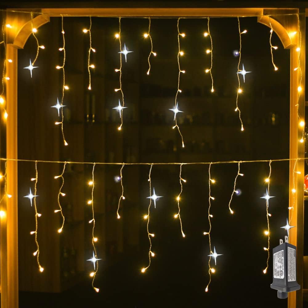 Feston de Noël Led Glaçon Rideau Lumières Extérieur 4M (W) * 0.6M (H) Blanc Flash Fée Guirlande Lumière Fil Clair Décorations Du Nouvel An 2025 Pour Mariage/Maison/Maison/Saint-Valentin/Noël/Avant-toit Décor