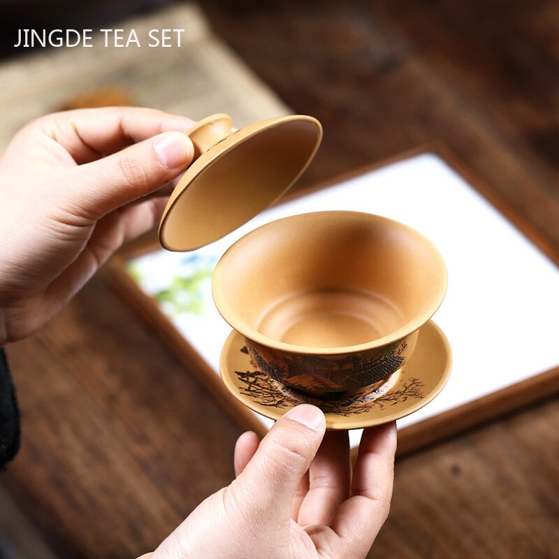 Chinese Yixing Paarse Klei Gaiwan Ruwe Erts Sectie Modder Handgeschilderd Thee Kommen Traditie Waterkoker Thee Set Huishoudelijke Drinkware