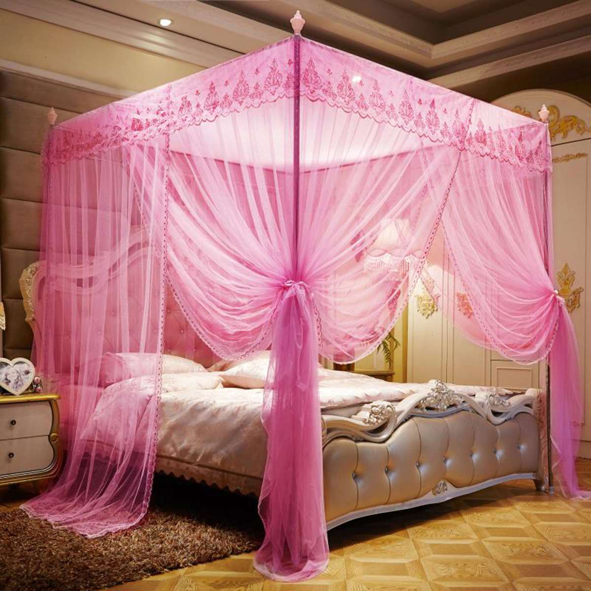 Mosquito Net Pink Purple For Double Four Corner Bed Post Bed Canopy Mosquito Net Full Queen King Size Bedding: Pink