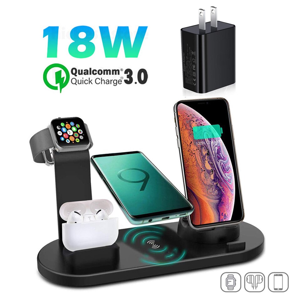KEPHE 4 in 1 Qi Wireless Charger For iPhone 11 X XS XR 8 10W USB Type C Fast Charging Dock Stand for Apple Watch 5 4 3 2 Airpods: Black with US Plug