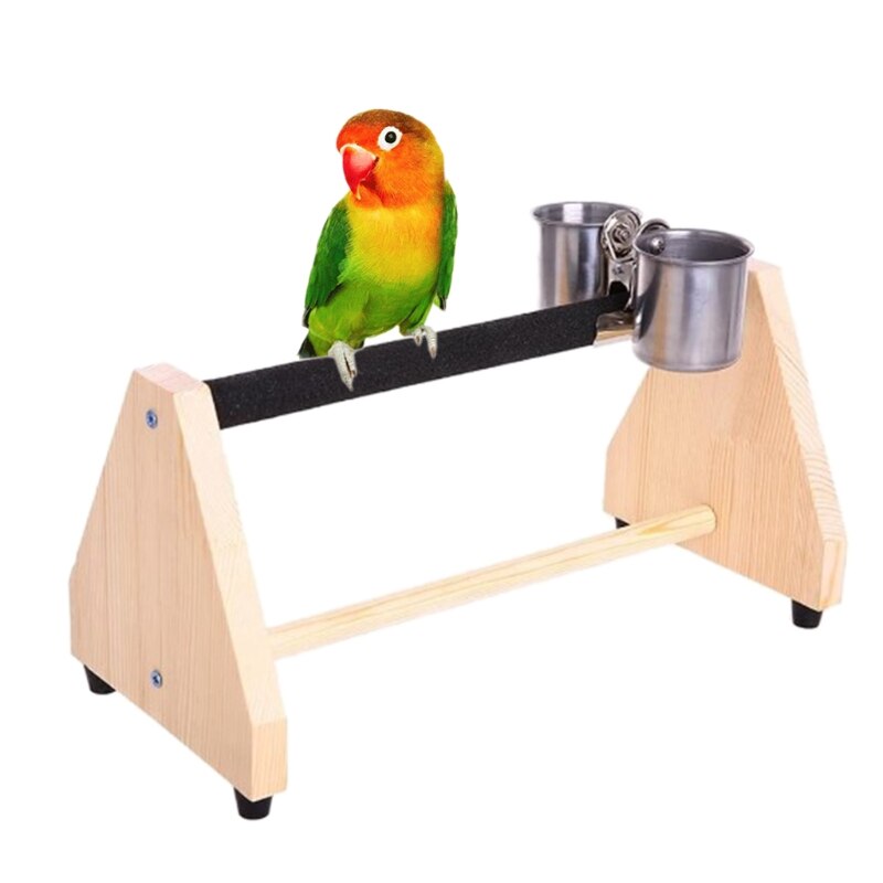 Parrot Play Wood Stand Bird Grinding Perch Table Platform with Feeder Dish Cup D7YB