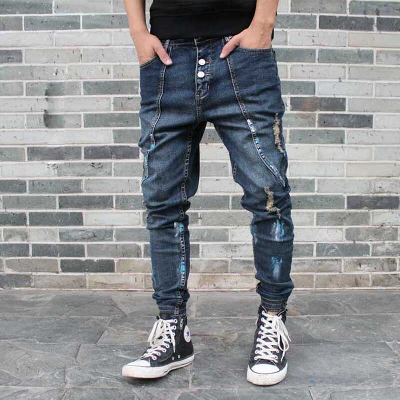 Ripped Harem Jeans Mannen Casual Patchwork Slim Joggers Broek Hip Hop Verontruste Denim Broek Laag Kruis Man Kleding