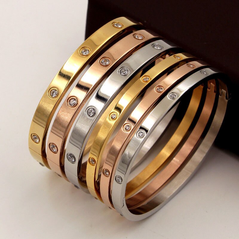 Mode Fijne Elegante Titanium Staal Plating 14K Real Gold Paar Armbanden Voor Vrouwen Sieraden Micro Inlay Zirconia Anniversary