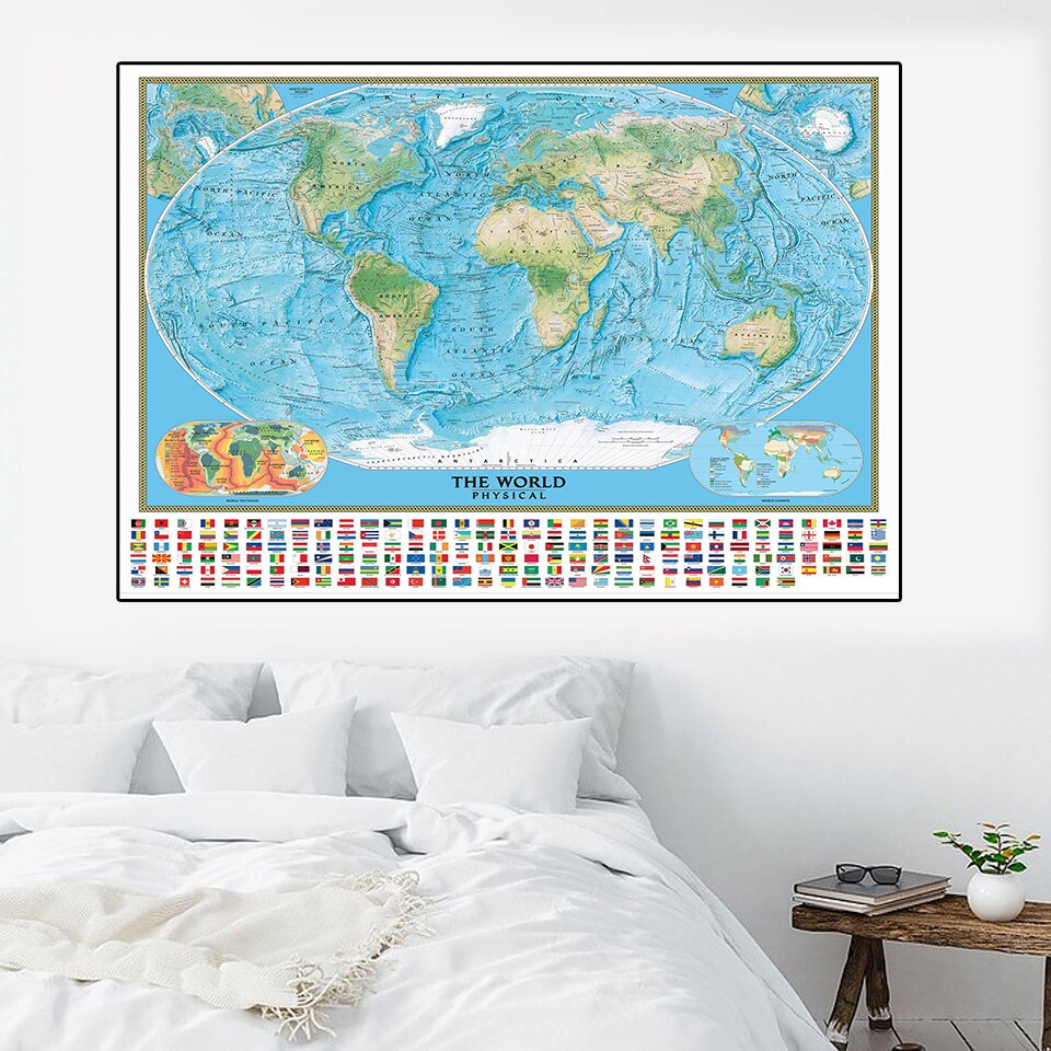 Mapa físico del mundo con banderas nacionales, mapa impermeable no tejido con clima mundial y Tectonics