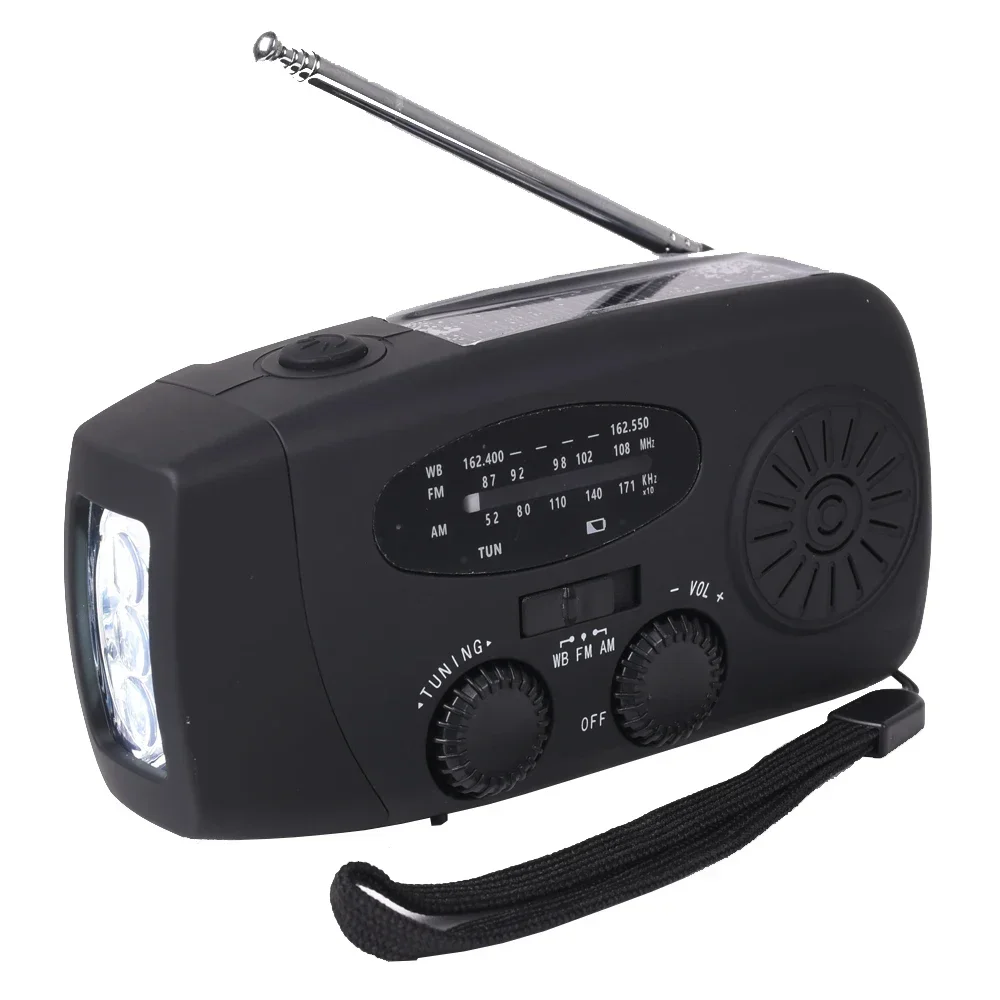 Radio di emergenza a manovella solare USB (FM/ AM/ NOAA) WB Weather Radio con torcia elettrica Power Bank Radio nere Portatil Am Fm: Default Title