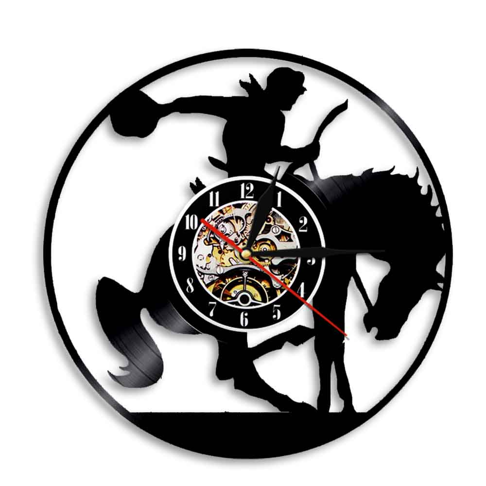Westlichen Nacht Licht Cowboy Zauberstab Lampe Horsebreaker Sattel Pferd Vinyl aufzeichnen Wanduhr Dekorative Jahrgang Zauberstab Kunst Hängen Uhr: ohne LED