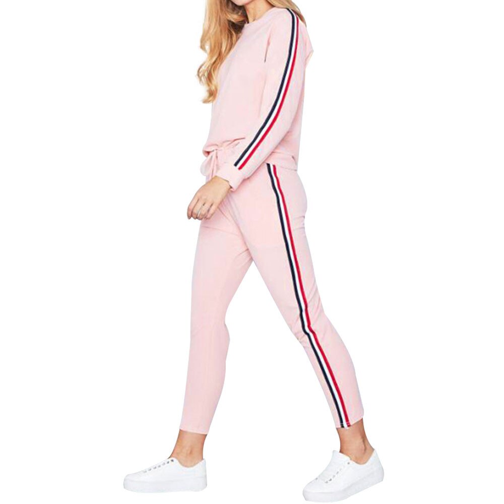 Trainingspak vrouwen grote maten 2 STUKS Trainingspakken Set Dames Gestreepte Actieve Sport Loungewear # D: M / Roze