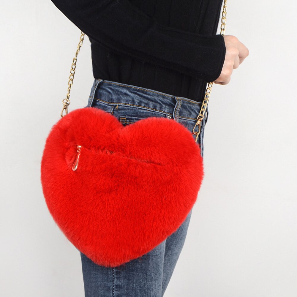 Women Heart Shaped Bag Female Chain Messenger Bag Plush Love Shoulder Crossbody Bag Winter Fur Hand Bags