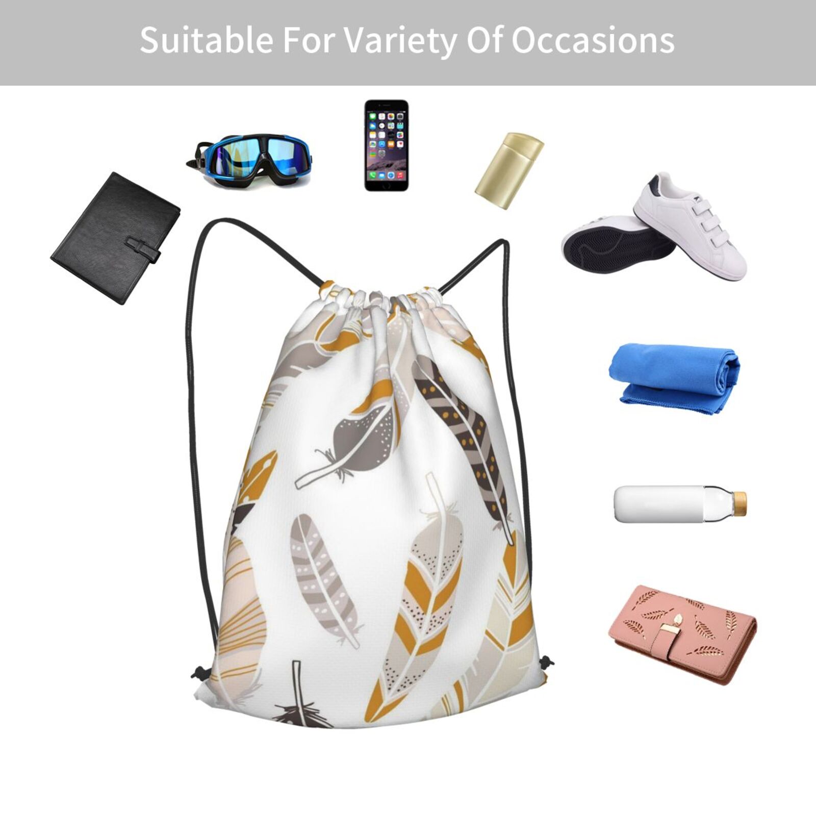 Simple Feather Pattern Drawstring Backpack Bag Cinch Bag Sports Bag Size 42cm*50cm