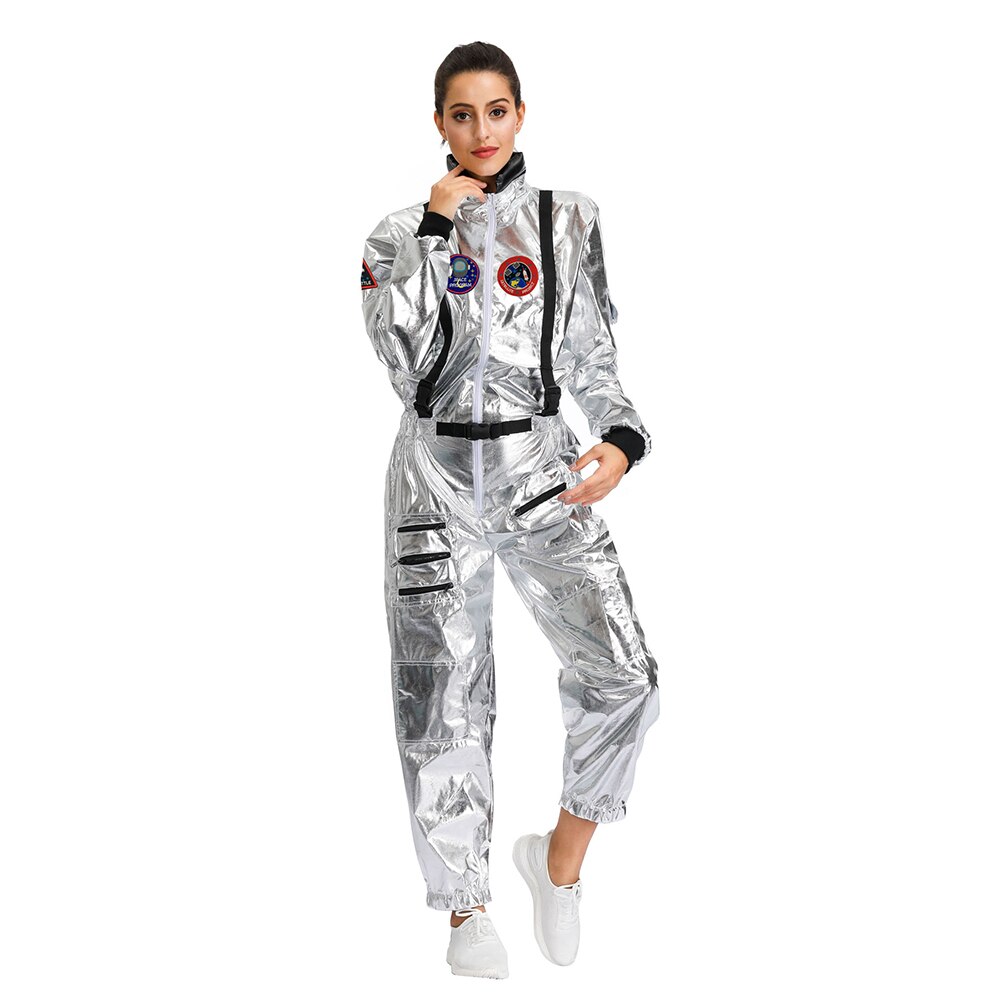 Plus size astronaut utomjordisk rymdman kostym vuxen kvinnor silver pilot outfit halloween dräkt i ett stycke jumpsuit