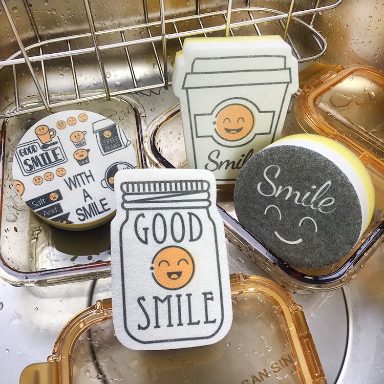 4 Uds. Esponja de limpieza creativa de dibujos animados sonrisa mágica para la limpieza de cocina y baño herramienta de lavado de platos esponjas estropajo