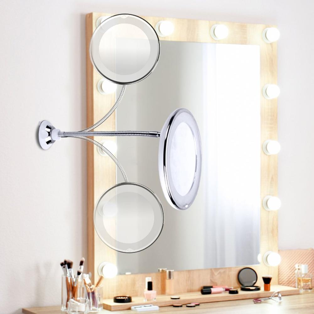 Fleksibelt led spejl makeup spejl med varmt led lys forfængelighed spejle 10x forstørrelses spejle lys rotere suge badeværelse spejl