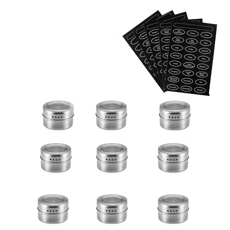 Magnetische Kruidkruik Set Met Sticker Rvs Spice Blikken Spice Opslag Container Pot Keuken Kruiderij Houder Keuken Tool: 9 pcs