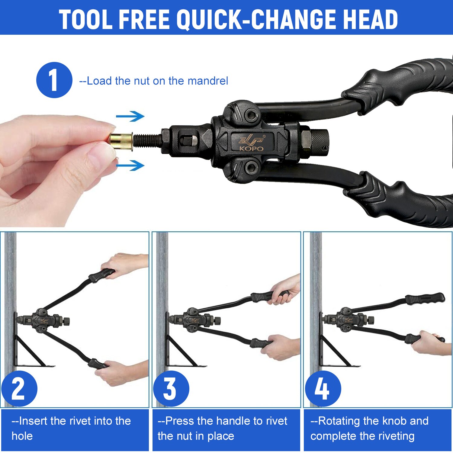 Rivet Nut Tool 11in Manual Riveter Threaded Nut Riveting Kit with 7Pcs Metric Mandrels M3 M4 M5 M6 M8 M10 M12 Installation kit