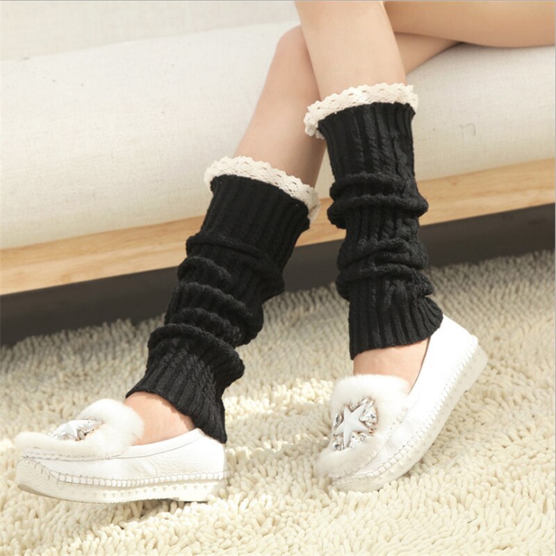 Women Leg Warmers Autumn and Winter Sweet Warmth-keeping Elastic Soft Cute Wool Knitted Lace Ruffles Leg Warmers: Black