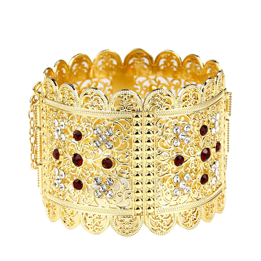 Sunspicems – Bracelet algérien marocain pour femmes, couleur or, grande taille, manchette en fleur de cristal, ethnique indienne, bijoux de mariage