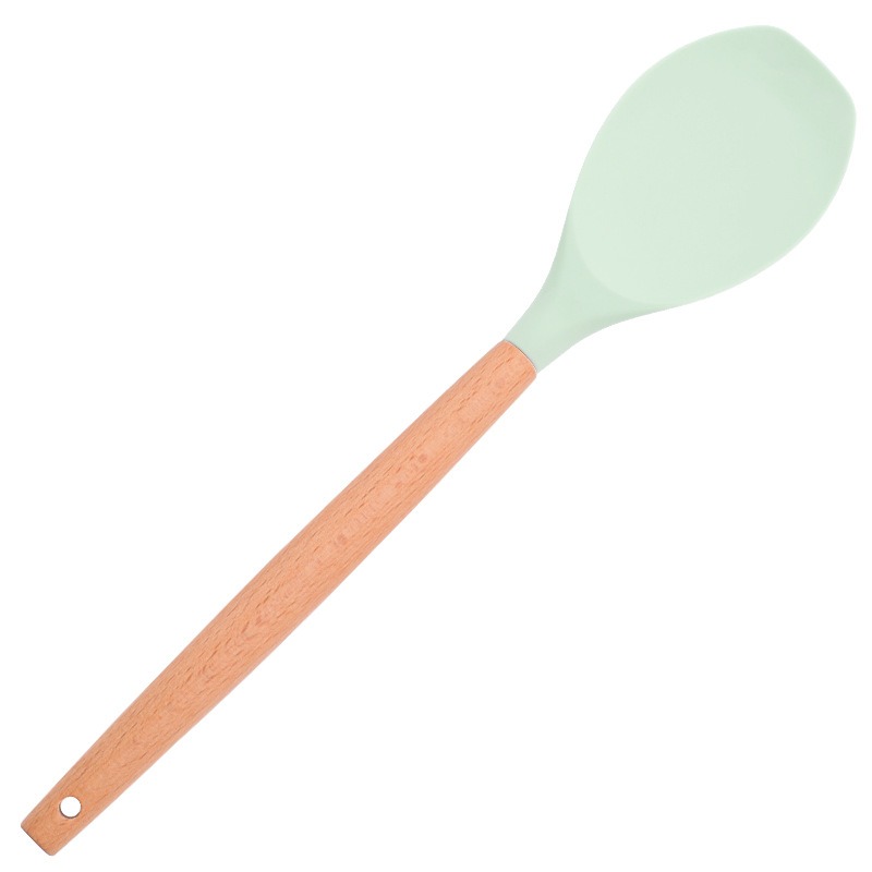 1Pc Silicone Cooking Kitchen Utensils Set Non-Stick Spatula Shovel Wooden Handle Cooking Tools Set Storage Box Kitchen Tool Set: Flat Spoon