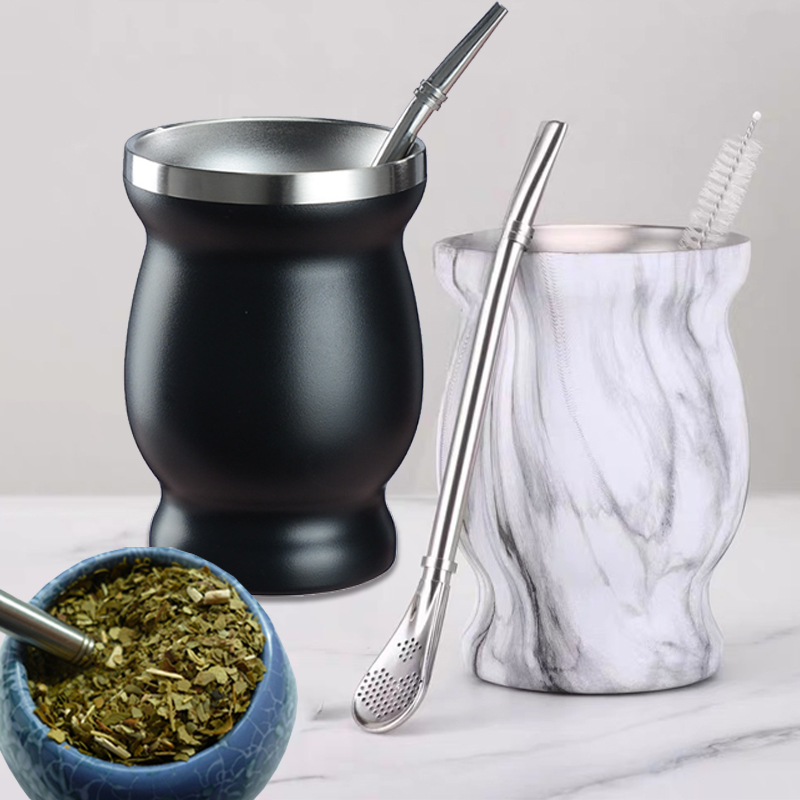 1 Set Yerba Mate Cup 304 Roestvrij Staal Dubbelwandige 8 Oz Yerba Mate Kalebas Cup Met Stro Lepel En Reinigingsborstel theewaar Sets