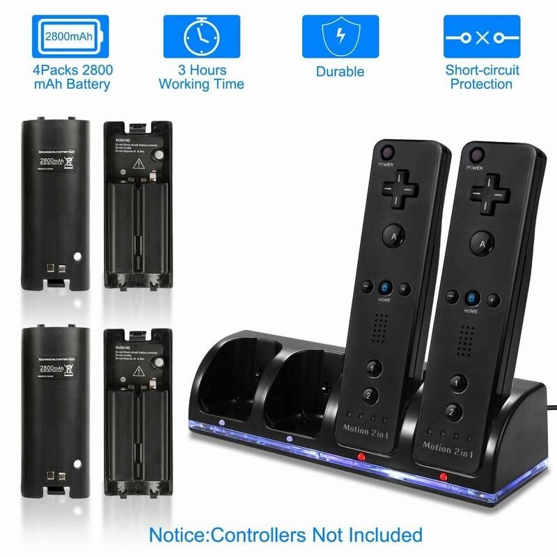 2800mAh del Caricatore di Ricarica della Stazione Del Bacino + 4 Batteria Per Wii /Wii U Remote Controller Compatibile Con I Telecomandi per Wii Nintendo: 4port black