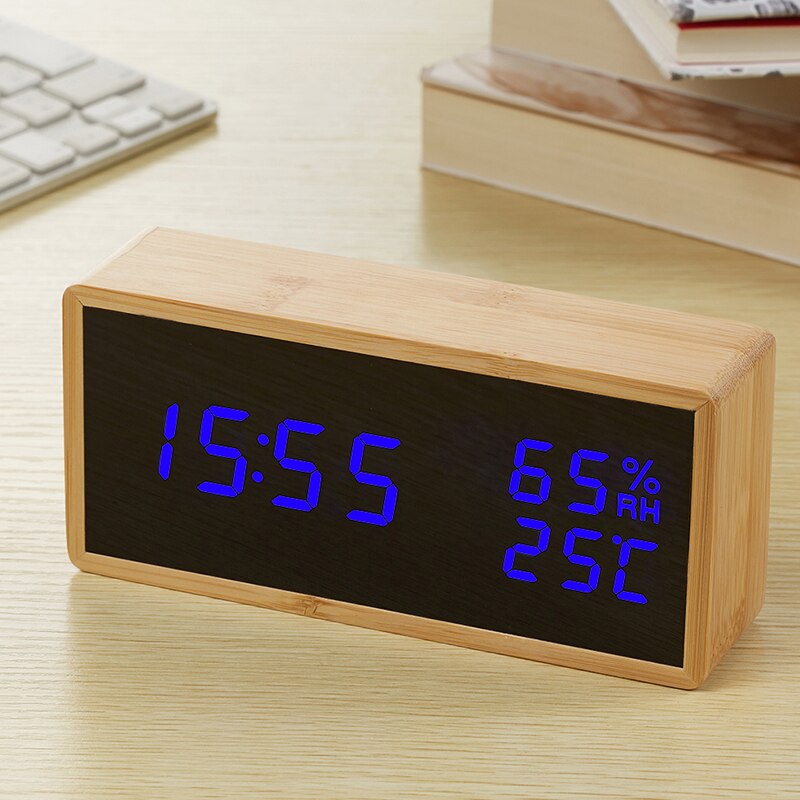 Modern Sound Control LED Alarm Clock Wooden Watch Despertador Temperature Humidity Electronic Desktop Digital Table Clocks