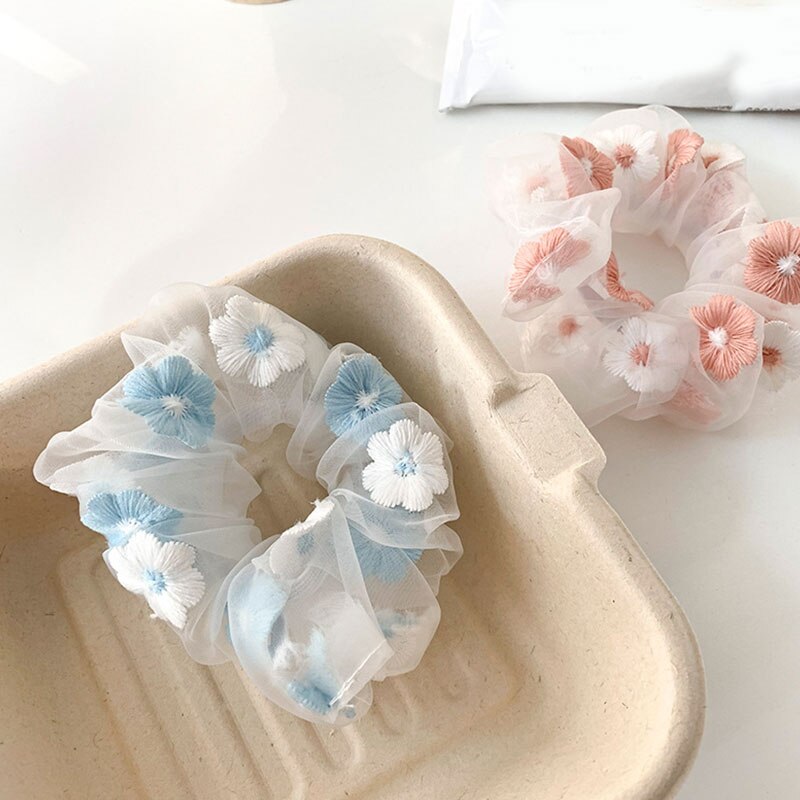 Coleteros de malla Organza con flores bordadas, lazos para el cabello, banda de goma romántica, coleta transparente, accesorios para el cabello