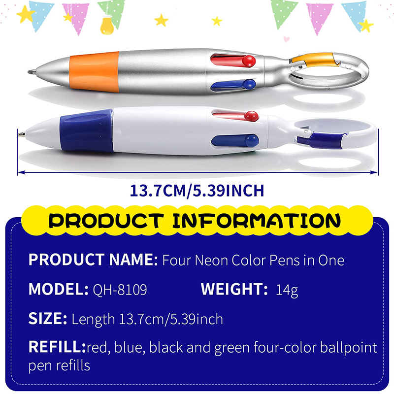 24 Pcs Retractable Shuttle Pens with Carabiner Clip 4-in-1 Ballpoint Pens Multicolor Pens with Buckle Keychain on Top