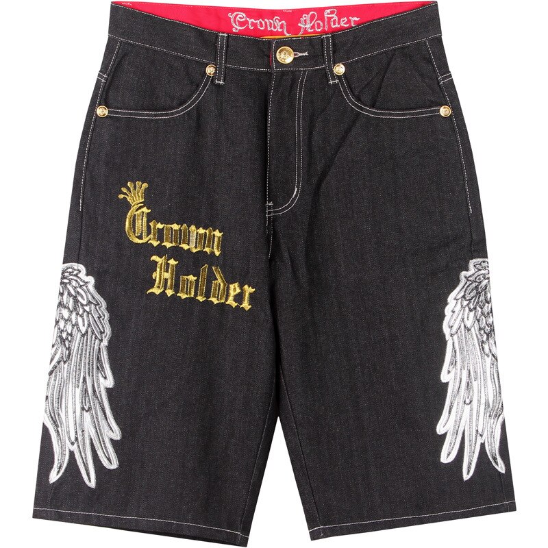 Short en jean pour hommes, jambes larges, broderie, Hip Hop, Baggy, Capri, imprimé, surdimensionné, 30-46