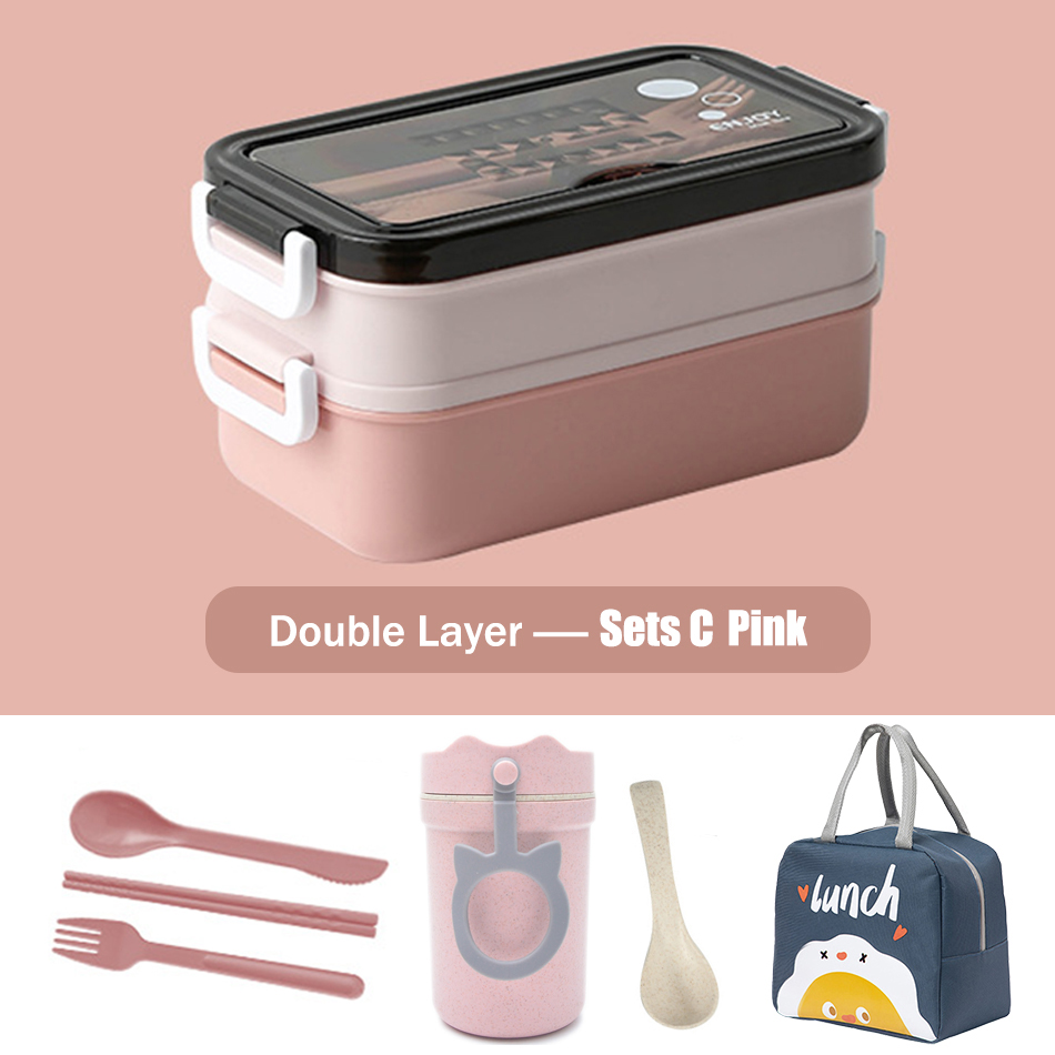 Double Layer Lunch Box Bento Box With Soup Bowl Leak-Proof Bento Box Dinnerware Set Microwave Adult Kids Office Food Storage Box: Sets C Pink