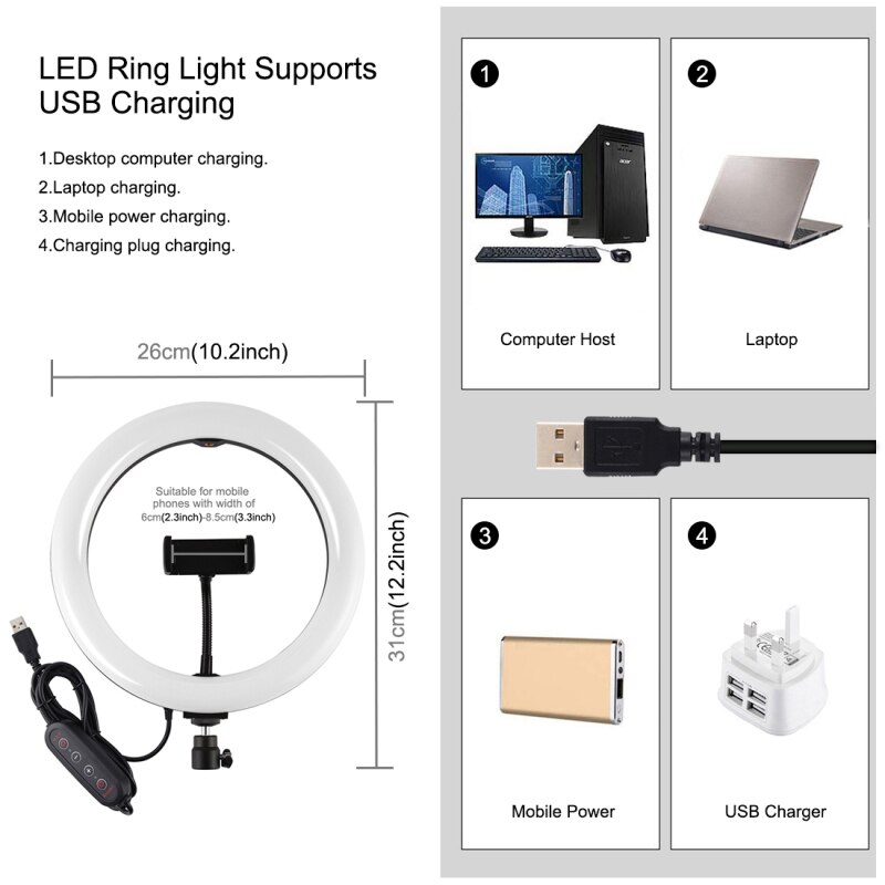 10.2 inch 26cm Ring Lights Curved Surface USB RGBW Dimmable LED Ring Vlogging Photography Video Lights