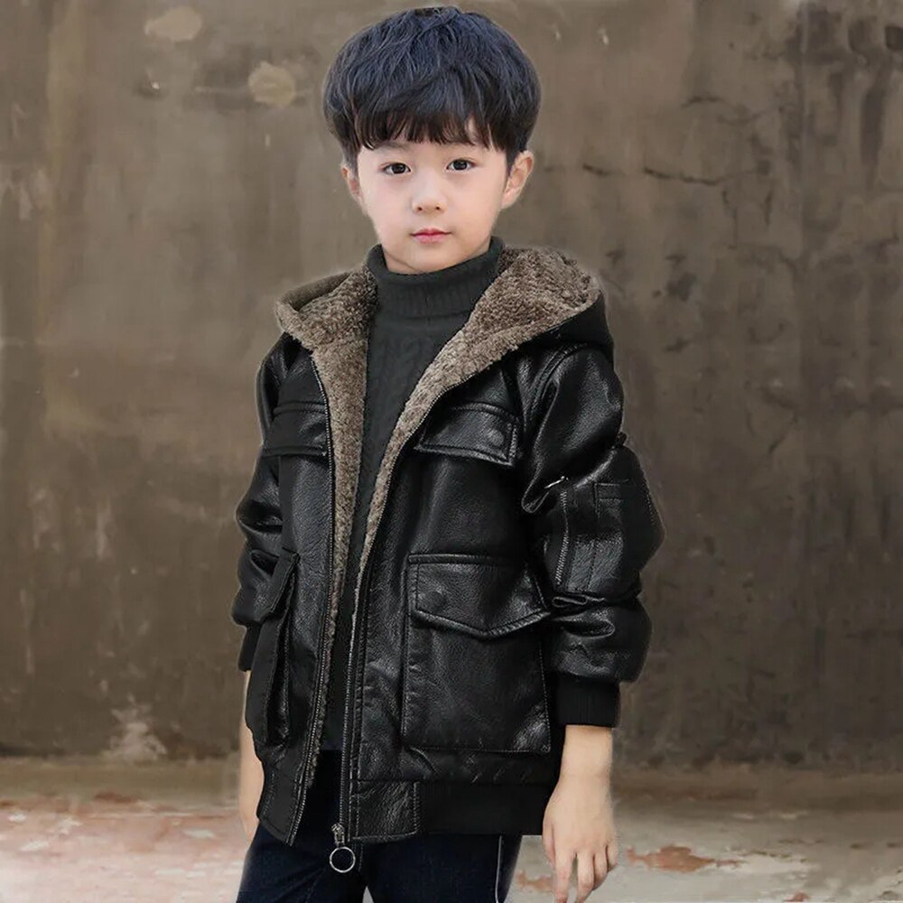 4-15 Jaar Jongens Winter Pu Leren Jas Jas Dikke Fleece Hooded Zwart Chidlren Bovenkleding 2022 Tiener Jasje voor Jongen 12
