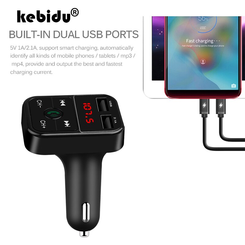 2 Usb Autolader Bluetooth Mobiele Telefoon Opladen Adapter Handsfree Fm-zender Voltage Display Autolader Voor Iphone Xiaomi