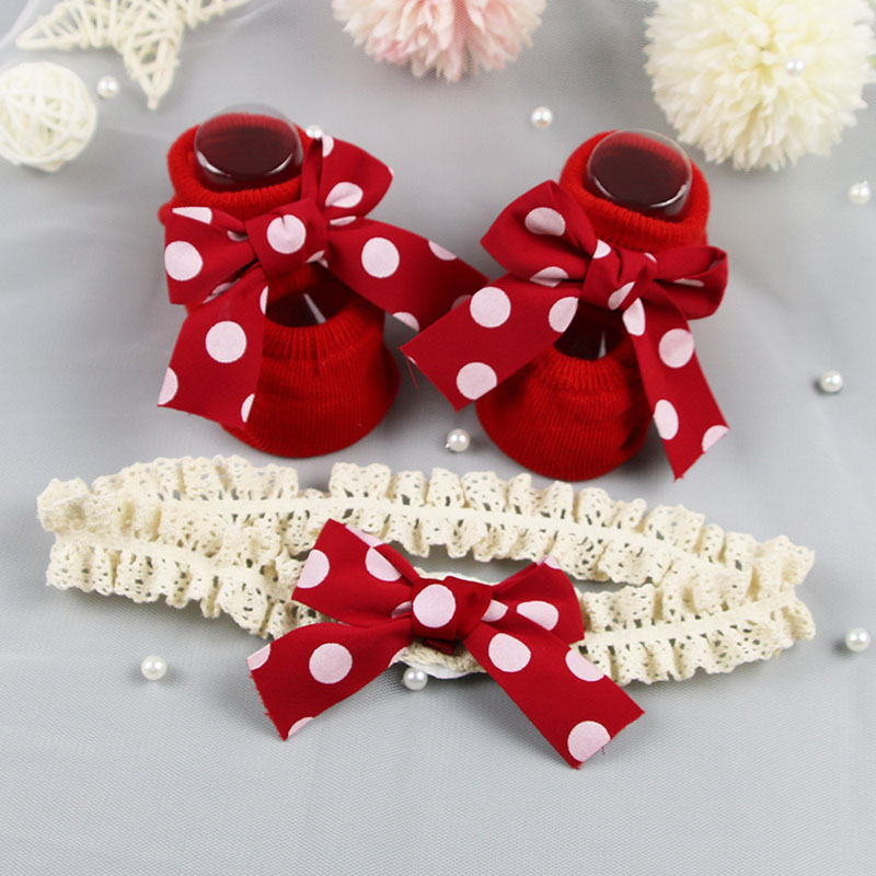 2Pcs Leuke Strik Babysokjes Hoofdband Set Zachte Baby Jongens Meisjes Sokken Anti Slip Baby Peuter Pasgeboren Sokken: red dot