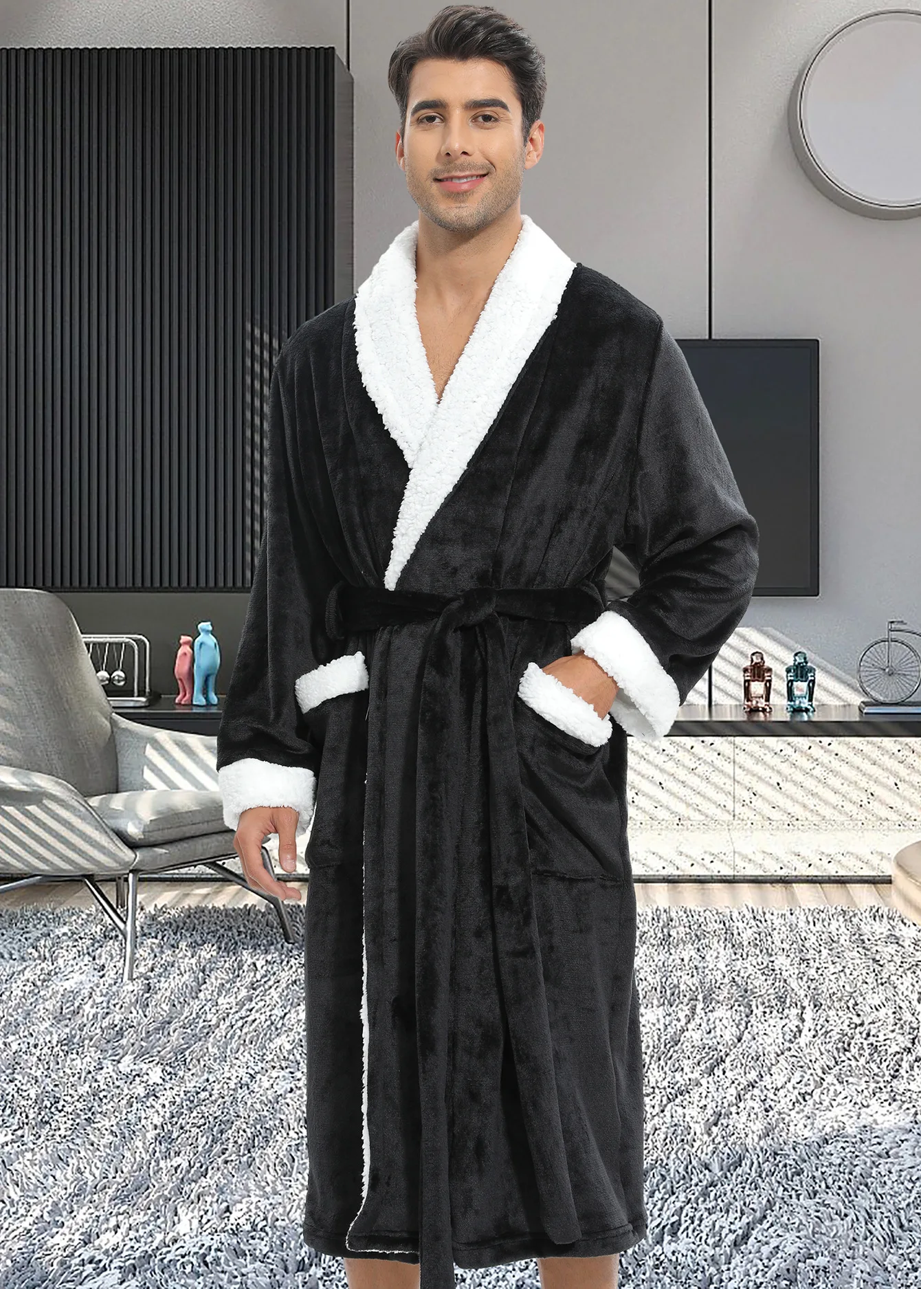 Warme Herbst Winter Flanell Männer Bademantel Dicke Lange Nacht Nachtwäsche Samt Kimono Kleid männer Kleidung Homewear Morgenmantel: L / Blau