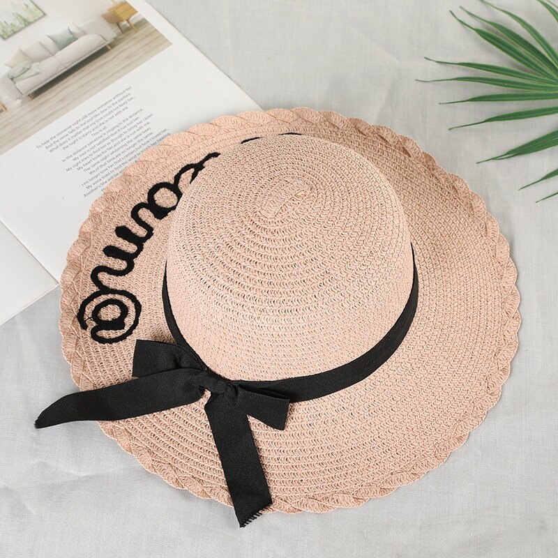 Chapeau de soleil pour enfants, chapeau de soleil pour enfants, mignon, chapeau avec nœud, en paille, fait à la main, pour femmes, chapeau de plage à grand bord, pour filles, décontracté: Rose / S