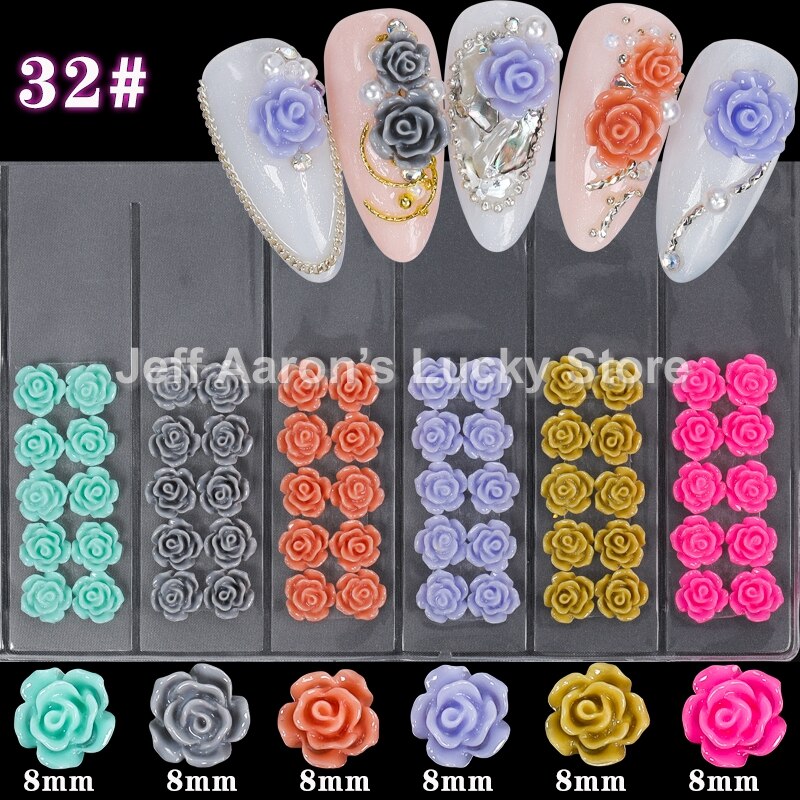 Blandet stil negler harpiks rose blomster cabochons cameo baseinnstilling 6mm 3d turkise rose blomster neglekunst dekorasjon tilbehør: Gzh 32
