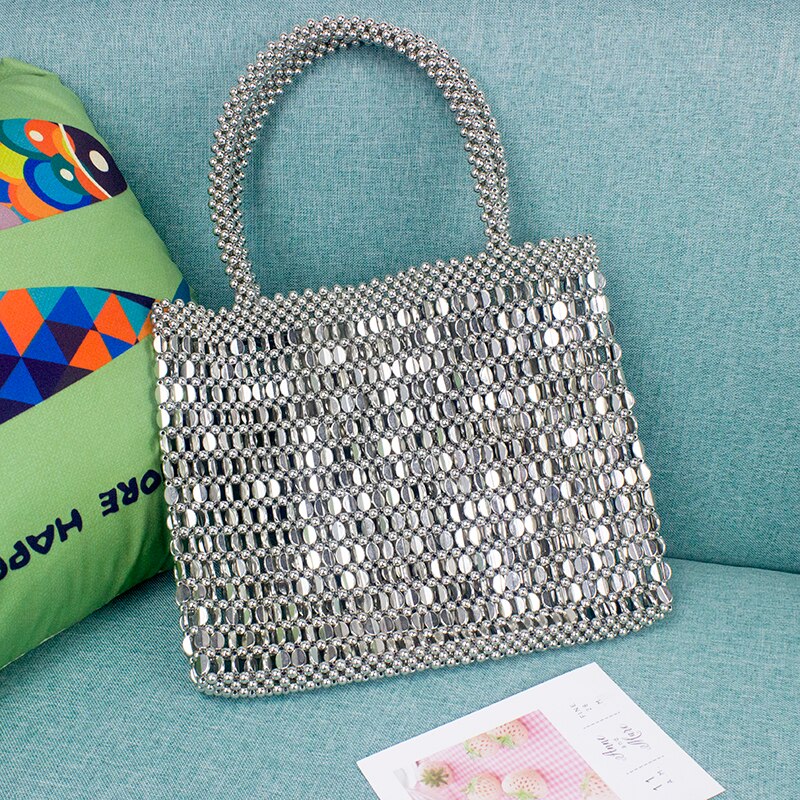 Rock Silver Top-handle Bag Women Punk Heavy Metal Totes Vintage Evening Party Mobile Phone Bag Handmade Beaded Retro Pearl Bag: Default Title