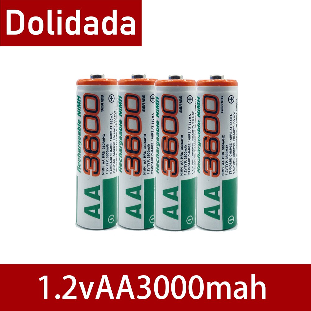 Dolidada 100% AA battery 3600 mAh rechargeable battery, 1.2 V Ni-MH AA battery, suitable for clocks, mice, computers