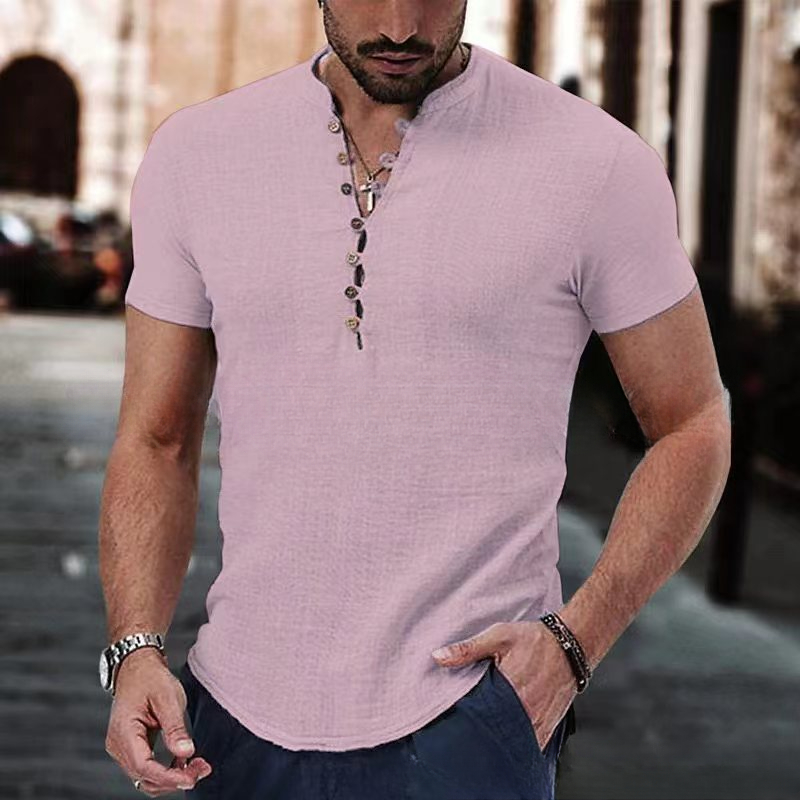 Camiseta de manga corta para hombre, camisa de lino y algodón con botones y cuello en V, ropa informal, Tops populares para hombre 2023: S / Rosa