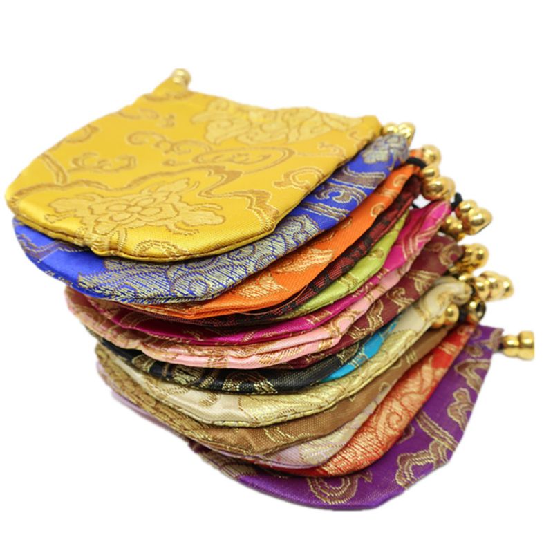24pc Silk Brocade Jewelry Pouch - Small Satin Coin Purse with Chinese Embroidery Drawstring