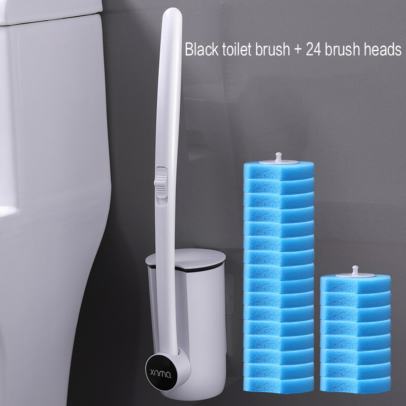 Cabeça de escova substituível da escova do toalete do banheiro descartável e conjunto do êmbolo com punho longo nenhum canto morto escova de limpeza: Black 24 brush head