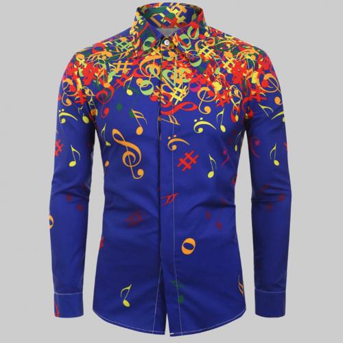 Casual Men Autumn Musical Symbols Print Long Sleeve Buttons Down Slim Shirt: Blue / M